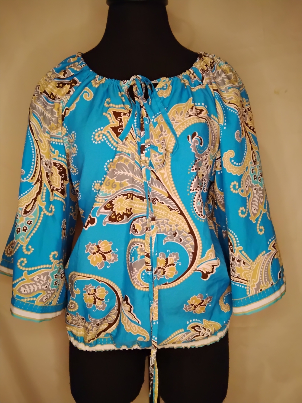 VENUS Turquoise Paisley Tie-Neck Peasant Blouse